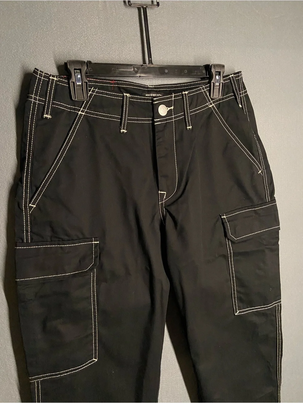 True Religion Men’s Black Cargo Pants with Contrast Stitching